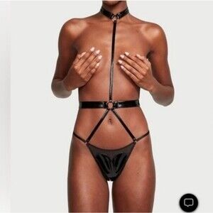 Victoria's Secret Very Sexy Faux Patent Leather Open Cup Playsuit Size M Black